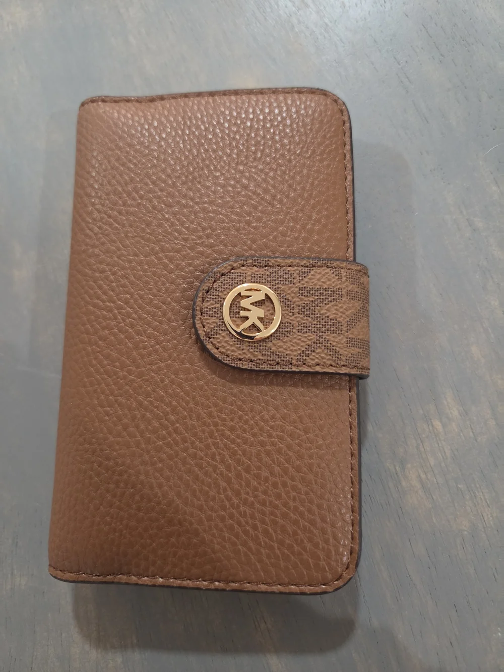 Michael Kors Brown Pebbled Leather Wallet-Style Phone Case with Gold MK Logo